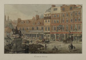 Utsikt over Charing Cross som viser hestetrukne kjøretøy, figurer og Dublin Hotel Tavern and Coffee House, 1807 (wc på papir) av George Shepherd